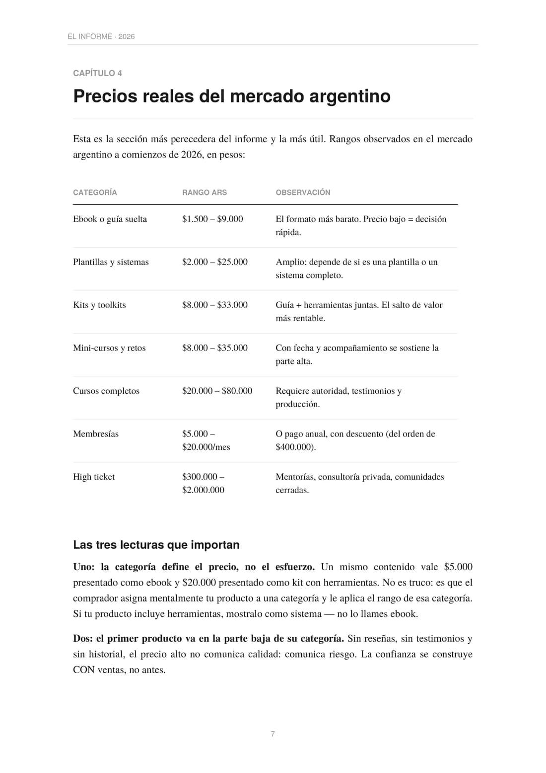 Tabla de precios reales del mercado argentino